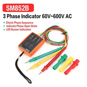 3 Fase Rotasjon Tester Digital Fase Indikator Detektor LED - + - Lydsignal SM852B Fase Sekvens Meter 60V~600V AC-Spenning Test