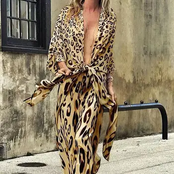 Høsten Kappe Trench Coat Kvinner Sexy Leopard Print Løs Streetwear Windbreaker Kvinner Vintage Long Sleeve Lace-up-Cardigan Grøft