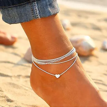 KOTiK Nye Bohemian Sølvfarget Kjede Anklet Armbånd for Kvinner Mote Hjertet Kvinnelige Fotlenker Barbeint Summer Beach Foten Smykker