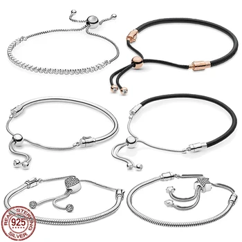 Klassisk justerbar lær tau armbånd i 925 sterling sølv hjerte lås armbånd fit design opprinnelige sjarm perler DIY smykker