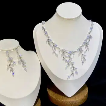 ASNORA - Elegant Leaf Drop Cubic Zirkonia Bridal Crystal Halskjede Og Øredobber Bryllup Smykker Sett For Kvinner X0167