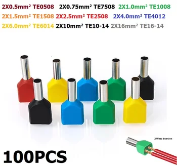 100PCS Dual Ledninger TE-Serien Isolerte Endehylser Kabel-Lug Crimp CopperTerminal Elektrisk Blokkere Ledningen Slutten Kontakt 2x0.5mm2~16mm2