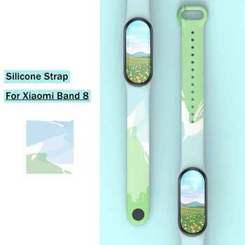 For Xiaomi Mi Band 8 Stropp Myk TPU-Armbånd Belte Silikon Utskrift Metall Grensesnitt Header Frisk Erstatning Stropper