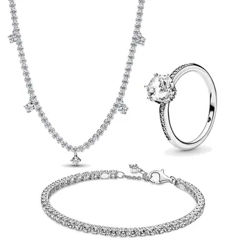 Klassisk Skinnende Kragebeinet halskjede-Armbånd 925 Sterling Sølv Kvinners Smykker 3-delers Sett av Utsøkte Sjarm Smykker Gaver