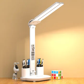 LED Dusj Lampe USB-Dimbar Touch Sammenleggbart Bord Lampe med Kalender Temperatur Klokke Natt Lys for Studien leselampe