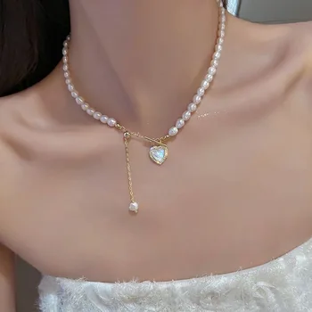 Koreansk Elegant Perle Perler Halskjede For Kvinner, Damer Mote Rhinestone Shell Hjerte Hengende Halskjede Choker Smykker