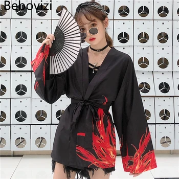 Bebovizi Japansk Stil Flammende Phenix Print-Cardigan Kimono Harajuku Kvinner Menn Sexy Yukata Kvinnelige Streetwear Tradisjonelle Haori