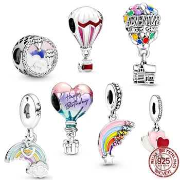 Ekte Sølv 925 Glad Bday Hot Air Balloon, Rainbow & Cloud Dingle Charm Bead Passer Opprinnelige Pandora-Armbånd Kvinner Smykker