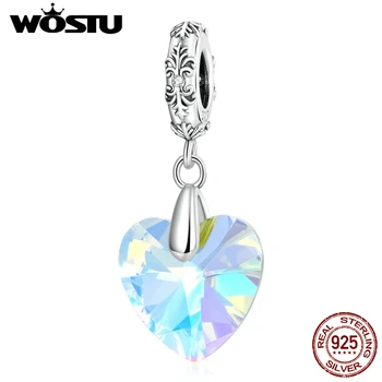 WOSTU Ekte 925 Sterling Sølv Elsker Hjertet Rainbow Crystal Charms, Anheng For Kvinner Vintage Mønstre Perler Passer Opprinnelige Armbånd