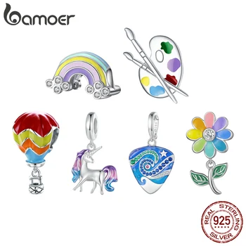 Bamoer 925 Sterling Sølv Fargerike Unicorn Hengende Perle Rainbow Blomst Charms for Kvinner Armbånd og Halskjede DIY Fine Smykker