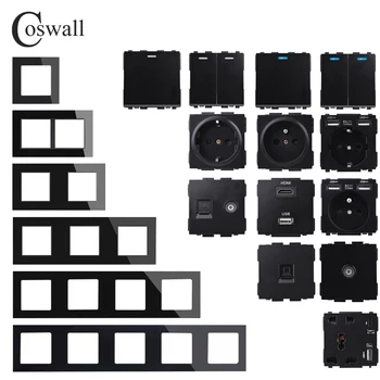 COSWALL C1-Serien Sort Glass Panel Vegg Bryter EU-fransk-Kontakten HDMI-kompatibel USB-Lader Kvinnelige TV RJ4 Moduler DIY